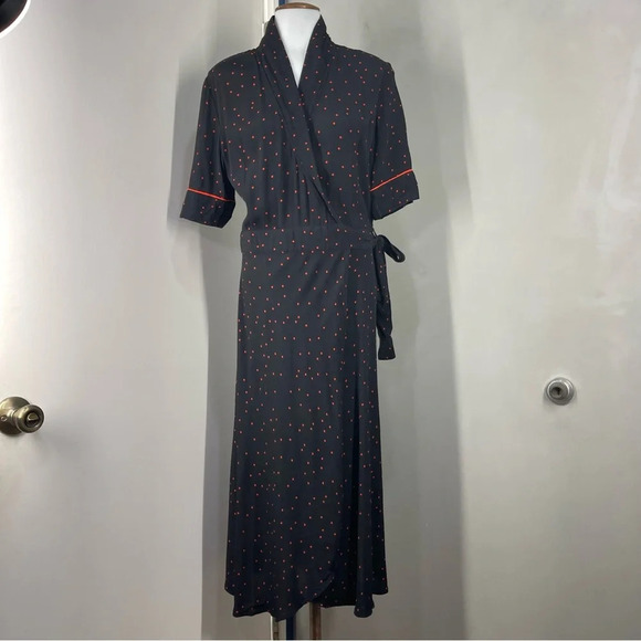 GANNI Black And Red Dots Short Sleeve 100% Viscose Wrap Dress Size 38 New
